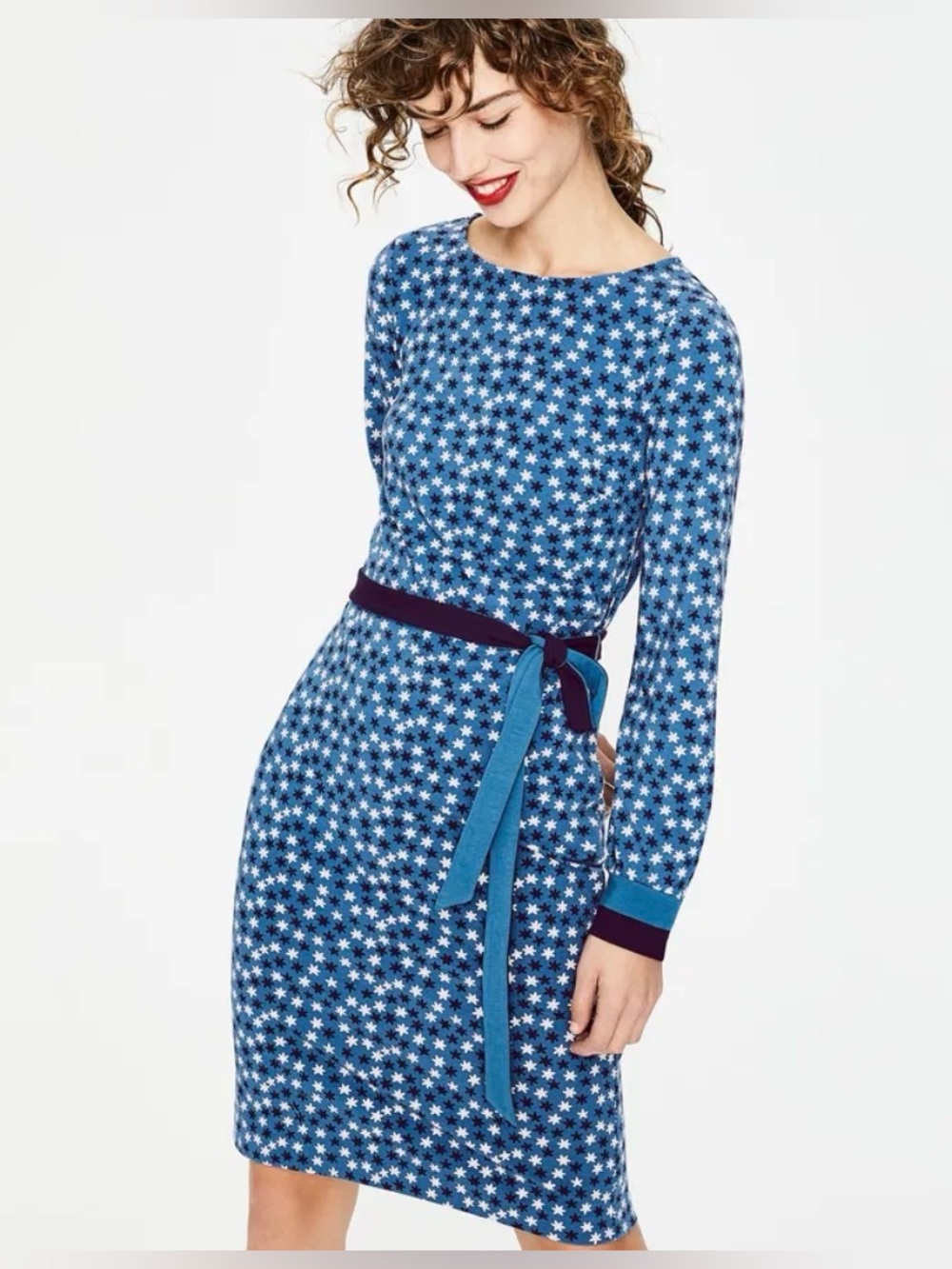 Biden Stars Belted Knee Length Fawn Soft Knit Dress Work Wear Modest Church